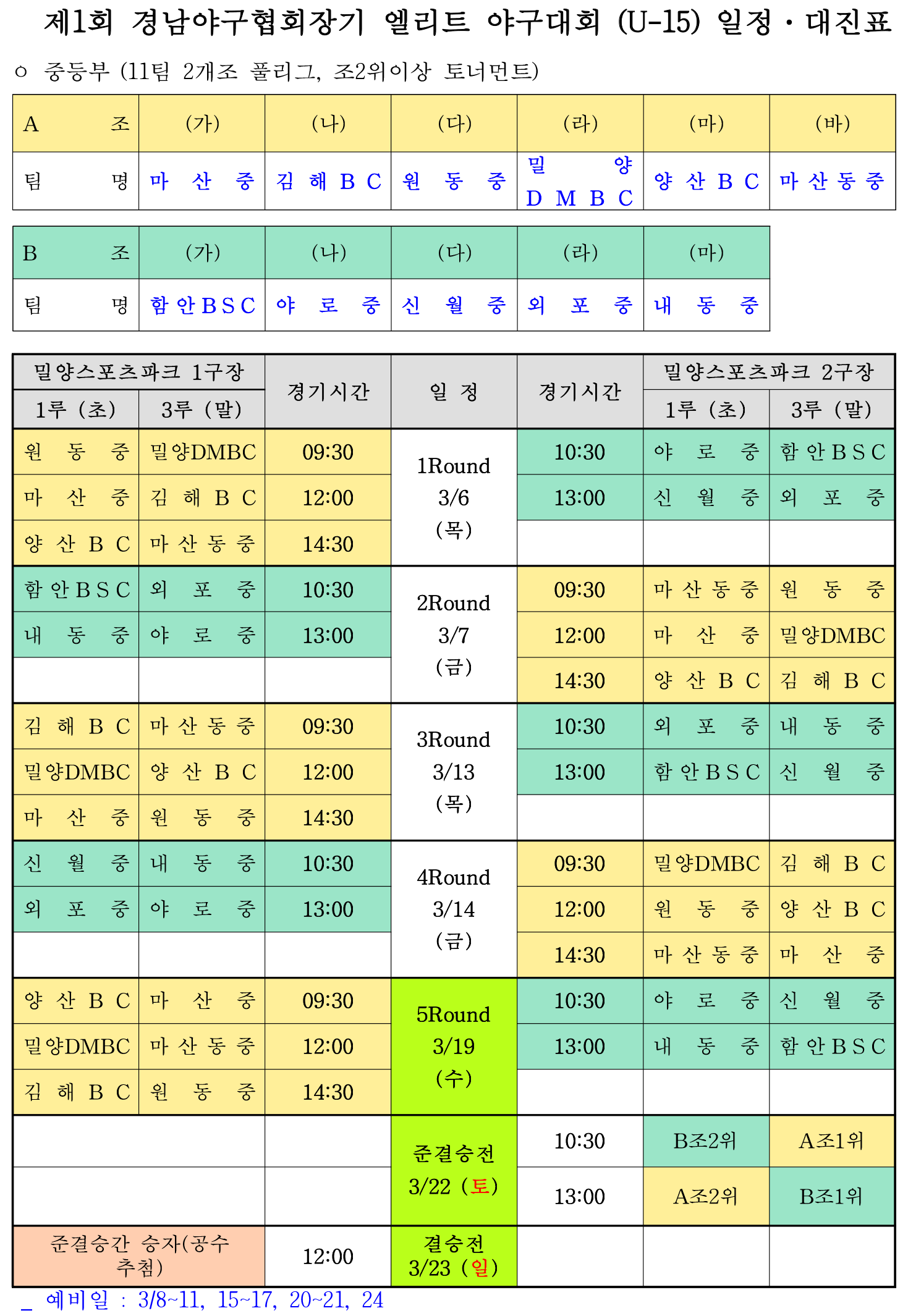 3월 야구 대회 일정